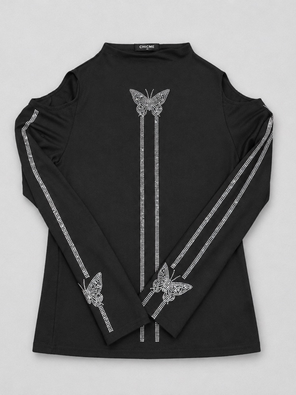 Chime Black Rhinestone Butterfly Cold-Shoulder Long Sleeve Tee